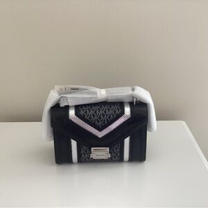 Whitney medium signature logo Michael Kors Black and Silver shoulder bag